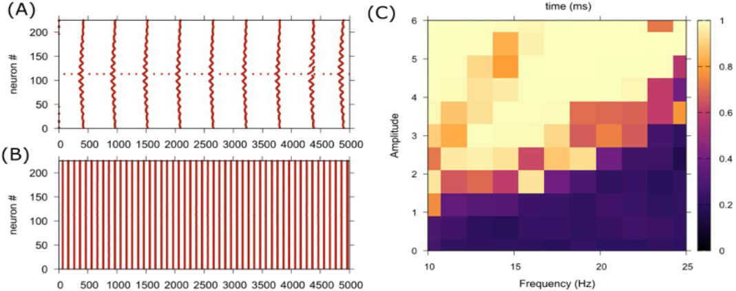 <strong>Figure 1.</strong> Simulation results at normal brain temperature with synaptic connectivity \((\eta=1.0)\). <strong>1a.</strong> Raster plot without visual stimulus. <strong>1b.</strong> Raster plot with visual stimulus where \(A=5\) and \(f=20\) hertz. <strong>1c.</strong> Colormap that depicts the synchronization index \(R\) for different combinations of amplitude and frequency. Figure courtesy of Twinkle Jaswal.