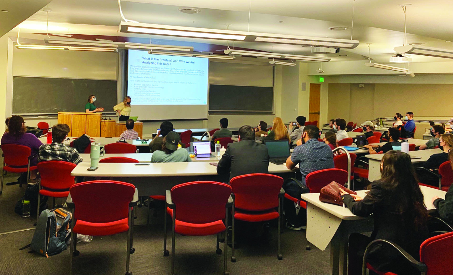 Alpha Lambert and Brenna Connely frame light pollution as a social justice issue and introduce participants to the data at the University of Utah’s two-day Datathon4Justice, which took place in March 2022. Photo courtesy of Rebecca Hardenbrook.