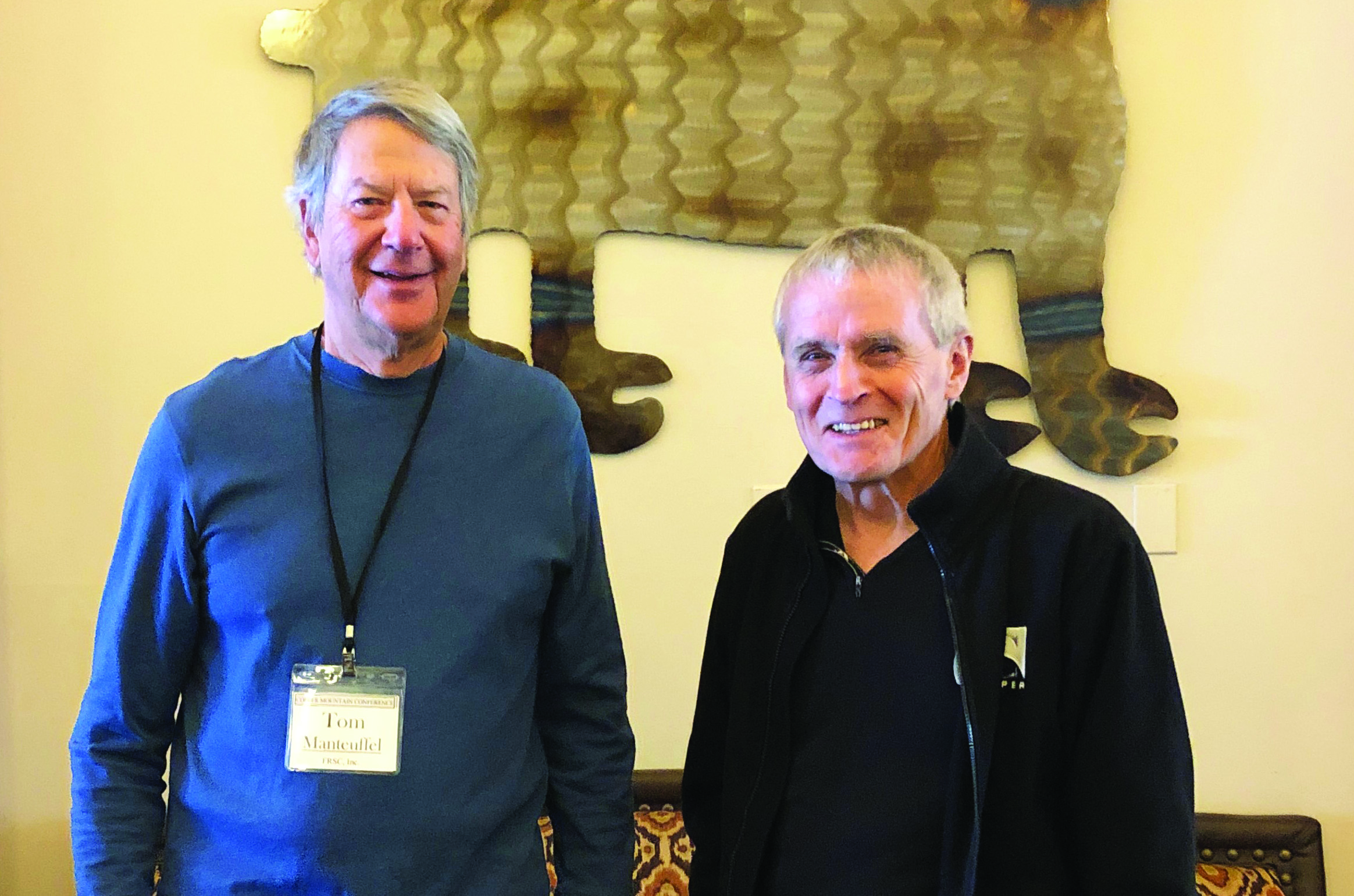 Tom Manteuffel (left) and Steve McCormick—founding chairs of the Copper Mountain Conference series—unite at the 2023 Copper Mountain Conference on Multigrid Methods, which took place in April. Photo courtesy of Susanne Brenner.