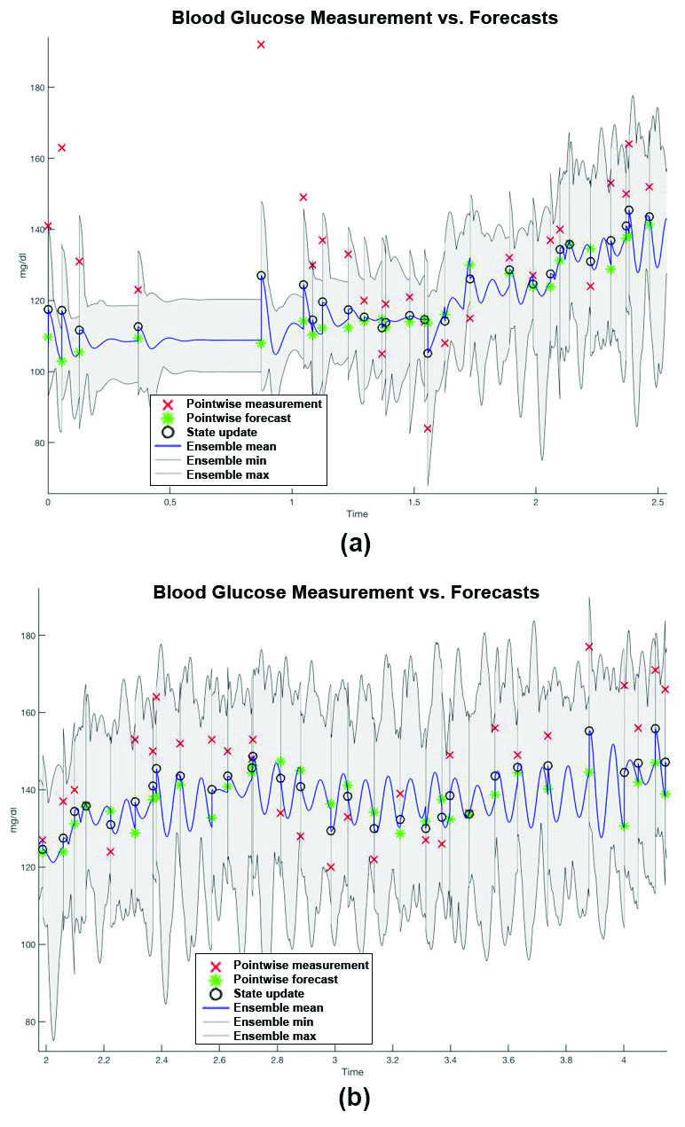 &lt;strong&gt;Figure 2.&lt;/strong&gt; Ensemble Kalman filter (EnKF) glycemic forecasting in the intensive care unit (ICU). &lt;strong&gt;2a.&lt;/strong&gt; The path to convergence on admission to day 2.5. &lt;strong&gt;2b.&lt;/strong&gt; Patient tracking between days 2 and 4. Most measurements lie within forecast expectations, but not all patients are well-estimated; the most unstable and complex patients with substantial interventions typically have the least accurate forecasts. Figure courtesy of David Albers and George Hripcsak.