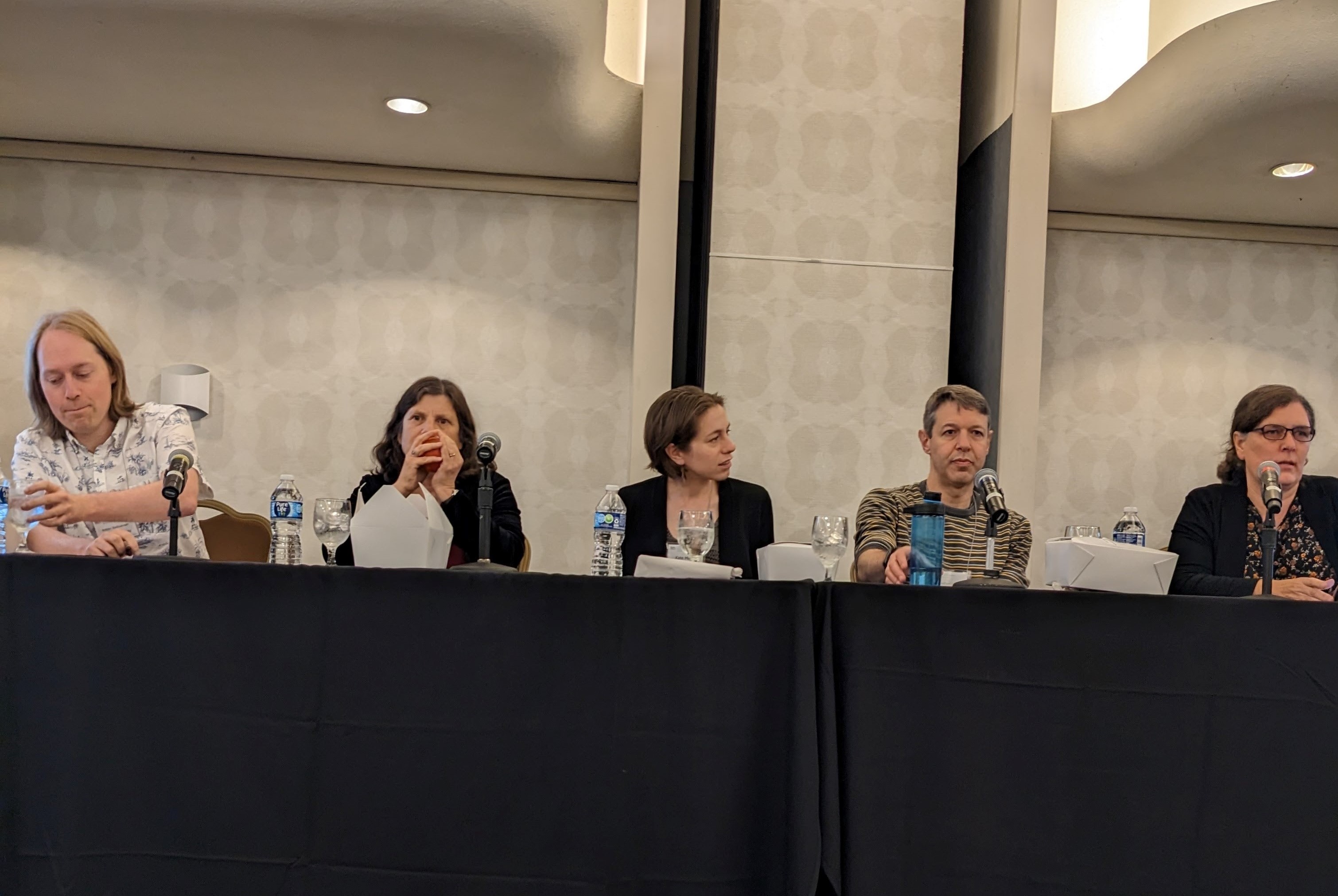 A panel at the 2023 SIAM Conference on Applications of Dynamical Systems, which took place in Portland, Ore., this May, addressed the future of research conferences in light of new hybrid modalities and carbon costs. From left to right: Robbin Bastiaansen (Utrecht University), Laurette Tuckerman (CNRS), Kate Meyer (Carleton College), Jonathan Rubin (University of Pittsburgh), and panel chair Vivien Kirk (University of Auckland). SIAM photo.