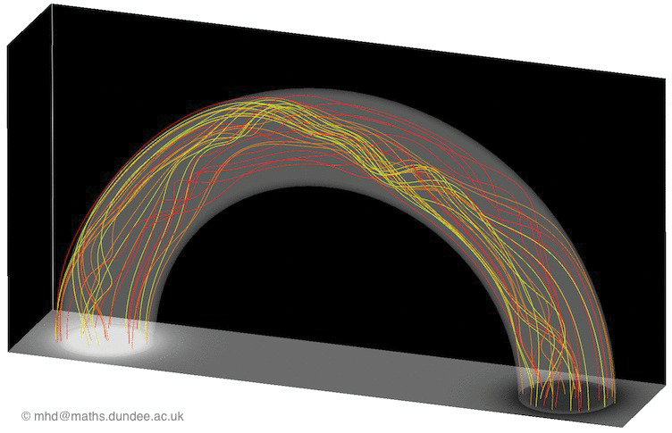 <strong>Figure 1.</strong> Model of tangled magnetic field lines representing a solar coronal loop. Courtesy of the Dundee MHD group: http://www.maths.dundee.ac.uk/mhd/.