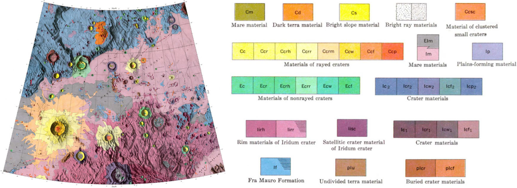 <strong>Figure 1.</strong> Geological map of the Moon’s J. Herschel quadrangle (48° to 64° North, 20° to 50° West), accompanied by a color key. Figure adapted from a U.S. Geological Survey map that was compiled by G.E. Ulrich.