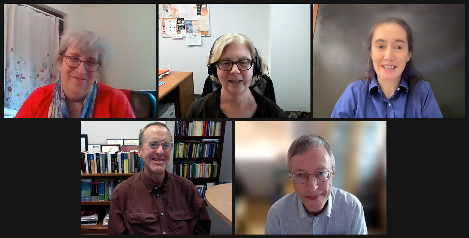 A panel at the 2021 SIAM Annual Meeting, which took place virtually in July, offered strategies and approaches to facilitate the process of writing and publishing a book. Top row, left to right: Paula Callaghan (SIAM), Elizabeth Greenspan (SIAM), and Emily Evans (Brigham Young University). Bottom row, left to right: Ralph Smith (North Carolina State University) and Nicholas Higham (University of Manchester).