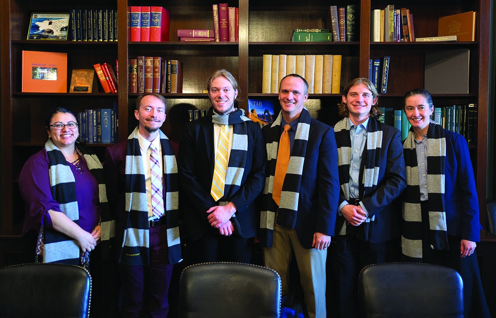 Members of the Utah delegation pose for a photo in their matching scarves during the #MathSciOnTheHill advocacy event, which took place on Capitol Hill in Washington, D.C., after the conclusion of the Joint Mathematics Meetings in January. From left to right: Bianca Thompson (Westminster University) and Xavier Zaitzeff, Ethan Petersen, Curtis Kent, Maxwell Marre, and Emily Evans (all of Brigham Young University). Photo courtesy of Emily Evans.