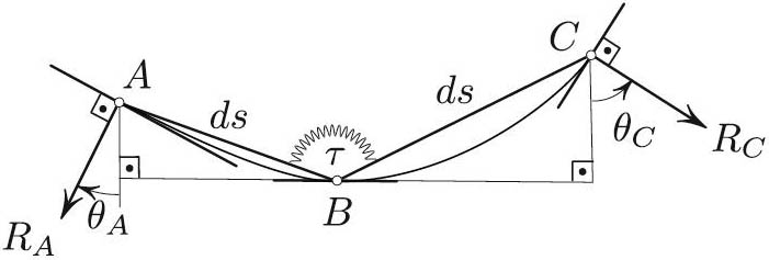 &lt;strong&gt;Figure 5.&lt;/strong&gt; Here, \(k&#x27;&gt;0\) and the “muscle” at \(B\) contracts, i.e., \(\tau&gt;0\). There are two different explanations of propulsion: (i) Projection of \(R_C\) onto the tangent at \(B\) wins over that of \(R_A\) due to \(k&#x27;&gt;0\), and (ii) a small displacement of the “train” \(ABC\) to the right decreases \(\angle ABC\) and also the potential energy of the system.