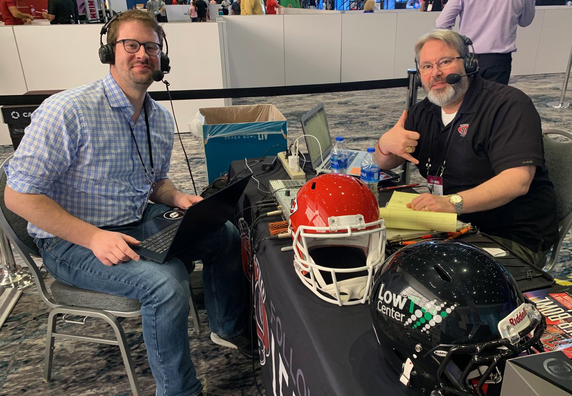 Eric Eager (left) of Pro Football Focus (PFF) previews Super Bowl LIV between the Kansas City Chiefs and the San Francisco 49ers in Miami, Fla., with Soren Petro of Sports Radio 810. Photo courtesy of Soren Petro.