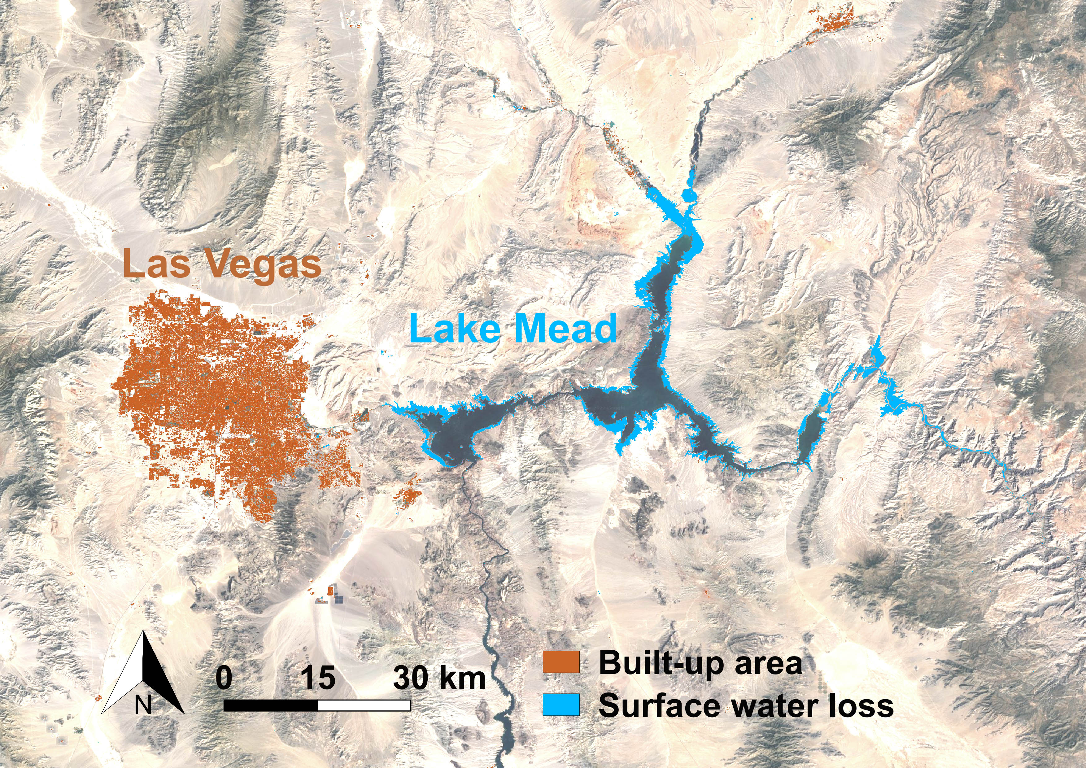 &lt;strong&gt;Figure 1.&lt;/strong&gt; Geographical locations of surface water loss (blue) and built-up areas (orange) that we extracted from datasets derived from remote sensing data [4]. Figure courtesy of the authors and created on &lt;a href=&quot;https://qgis.org/en/site/&quot; rel=&quot;noopener noreferrer&quot; target=&quot;_blank&quot;&gt;QGIS&lt;/a&gt;. Background courtesy of Google Satellite.
