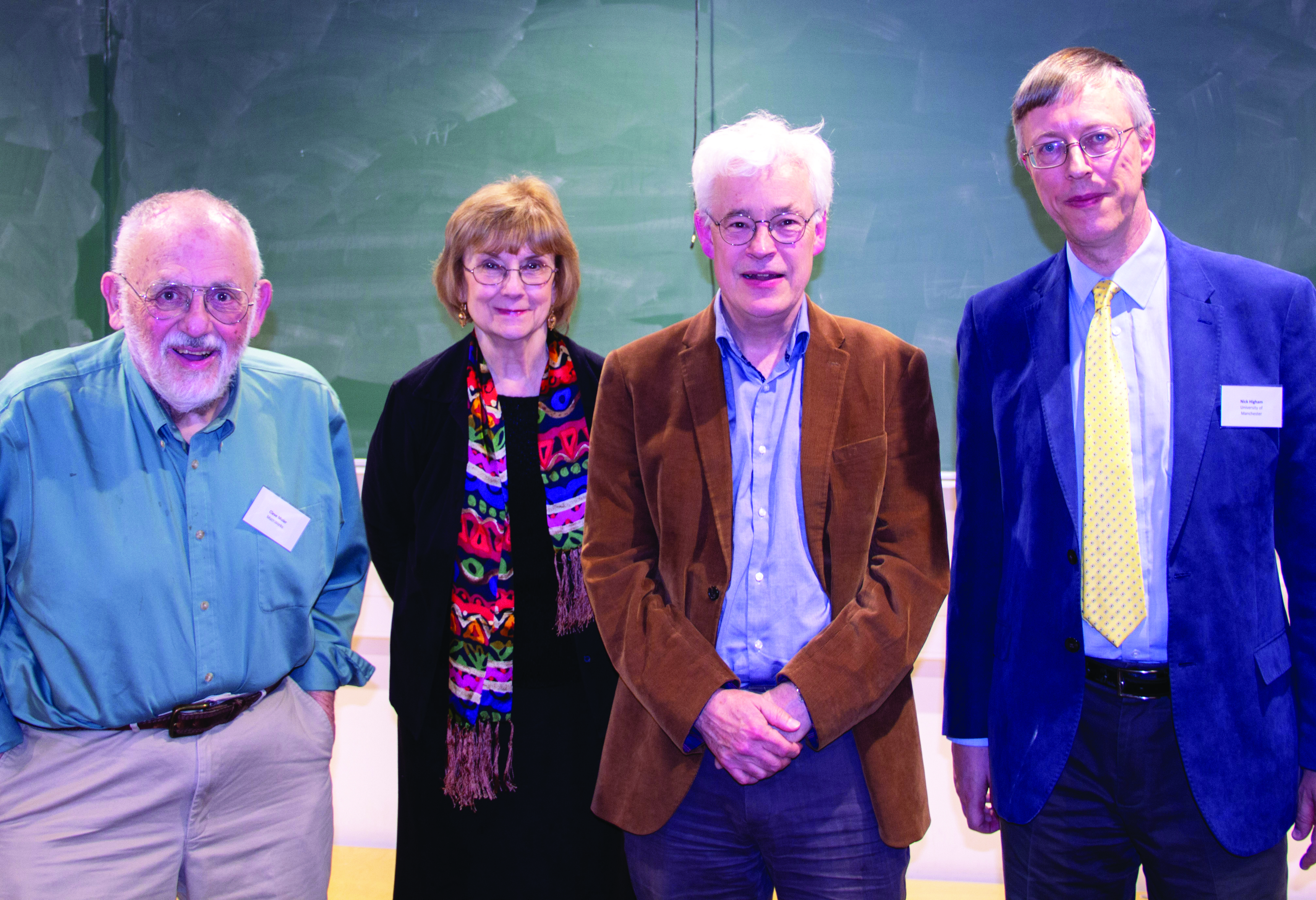 Four SIAM Past Presidents gathered at “Advances in Numerical Linear Algebra: Celebrating the Centenary of the Birth of James H. Wilkinson” a conference that took place at the University of Manchester earlier this year. From left to right: Cleve Moler (MathWorks), Margaret Wright (New York University), Lloyd N. Trefethen (University of Oxford), and Nicholas Higham (University of Manchester). Photo courtesy of Gian Maria Negri Porzio.