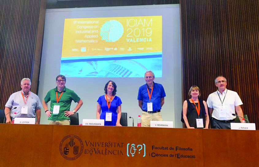 Participants share their insights during the “Careers in Mathematical Sciences to Academia and Industry” panel at the 9th International Congress on Industrial and Applied Mathematics (ICIAM 2019), which took place earlier this year in Valencia, Spain. From left to right: Wil Schilders (European Consortium of Mathematics in Industry and Eindhoven University of Technology), Sven Leyffer (Argonne National Laboratory), Ami Radunskaya (Association for Women in Mathematics and Pomona College), Volker Mehrmann (European Mathematical Society and Technische Universität Berlin), Jill Pipher (American Mathematical Society and Brown University), and Carlos Vazquez (University of A Coruña). Photo courtesy of ICIAM 2019 organizing committee.