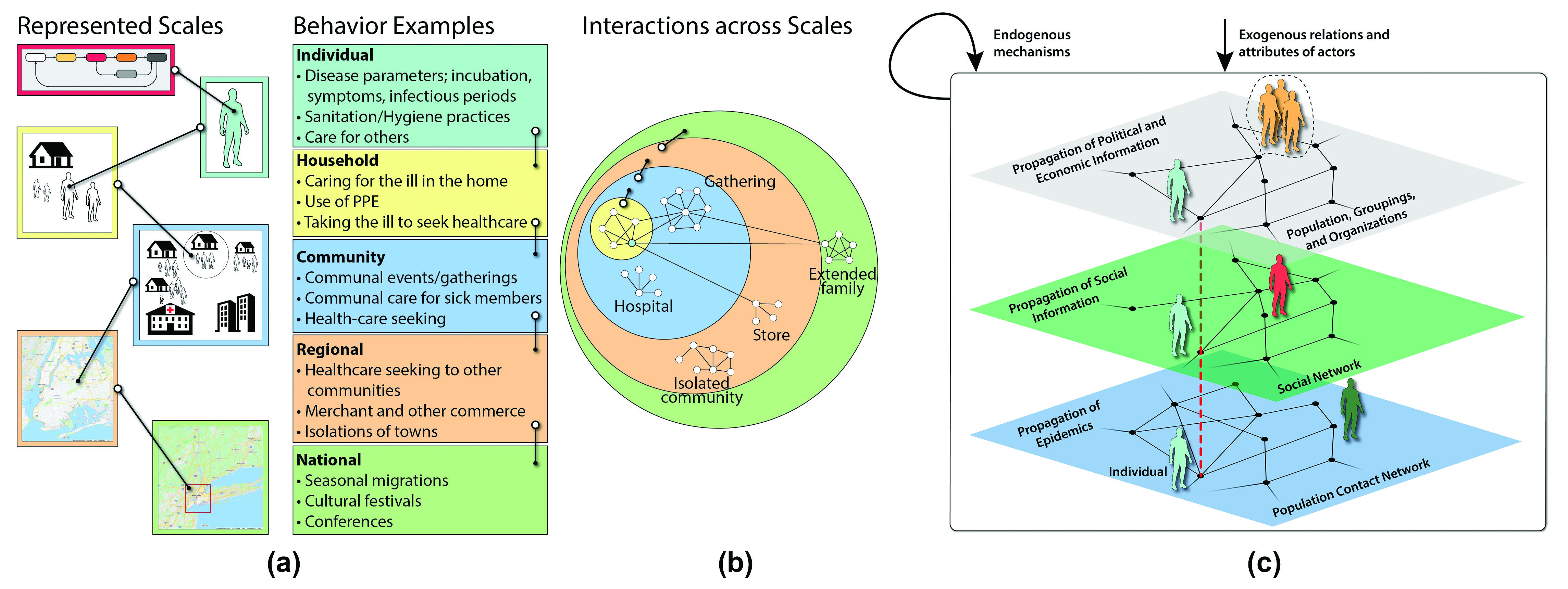 &lt;strong&gt;Figure 3.&lt;/strong&gt; Epidemics are generated by interacting dynamical systems that evolve on multi-scale, multi-layer (MSML) networks. &lt;strong&gt;3a.&lt;/strong&gt; Interactions and behaviors in a MSML network, with interactions spanning multiple scales that range from within a household to a community, region, and nation. The specific types of interactions can differ by scale. &lt;strong&gt;3b.&lt;/strong&gt; Interactions at different scales yield a complex, multi-scale social contact network. &lt;strong&gt;3c.&lt;/strong&gt; Interactions across multiple layers correspond to social and cultural factors. Figure courtesy of Henning Mortveit.