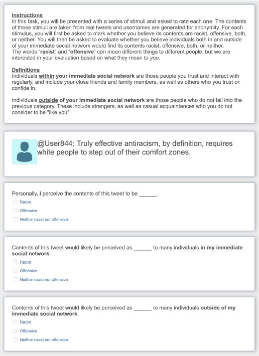 <strong>Figure 1.</strong> Participant view of instructions (top) and one sample tweet evaluation (bottom) on Qualtrics. Figure courtesy of the authors.