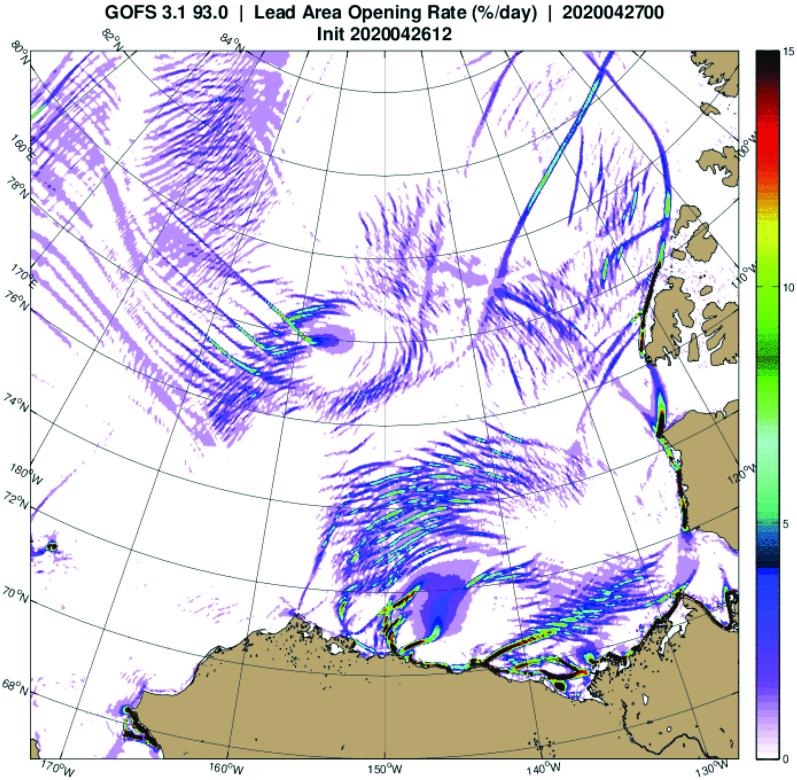 &lt;strong&gt;Figure 2.&lt;/strong&gt; 12-hour forecast of sea-ice opening rates (percent per day) associated with divergence and shear from the U.S. Navy ocean-ice model GOFS-3.1 [4]. Sea-ice models can capture fine-scale characteristics, such as ubiquitous cracks in the ice called leads. Large leads are visible from space, and zooming in to smaller regions reveals progressively smaller cracks — a somewhat scale-invariant property. Cracks influence the strength of the sea ice, and current models can represent ice movement and deformation at large and fine scales by incorporating a description of leads’ formation and evolution. Simulated leads might not be oriented correctly, which could present problems for Arctic transportation in or on the ice. Figure courtesy of Richard Allard of the U.S. Naval Research Laboratory at NASA’s Stennis Space Center.