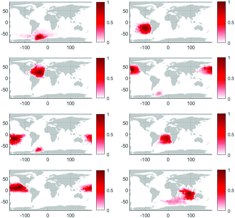 &lt;strong&gt;Figure 3.&lt;/strong&gt; The application of sparse eigenbasis approximation (SEBA) to the leading eight eigenfunctions of the dynamic Laplacian in order to construct eight sparse SEBA vectors. Beginning in January 2011, each SEBA vector is supported in an individual coherent region of the deep ocean and remains coherent under ocean currents at a depth of 1,000 meters over a six-year duration (from 2011 to 2017). Figure courtesy of [1].
