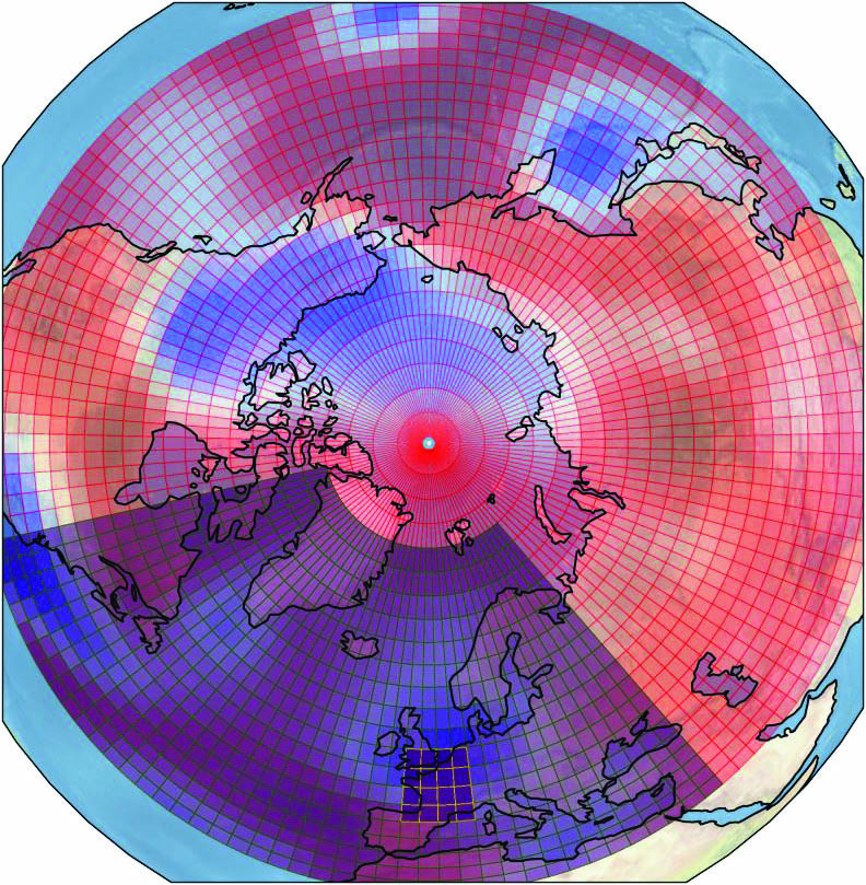 &lt;strong&gt;Figure 1.&lt;/strong&gt; The grid for the Planet Simulator climate model divides Earth into segments that are roughly 1,000 kilometers wide. The dark purple overlay indicates the North Atlantic region, which was the focus of this particular study. Figure courtesy of [1].