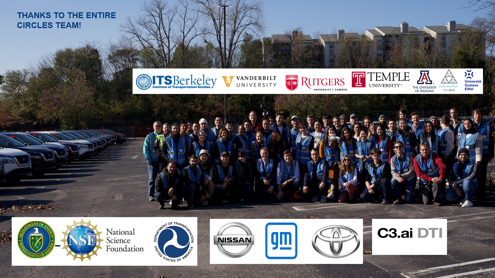 <strong>Figure 2.</strong> The Congestion Impacts Reduction via CAV-in-the-loop Lagrangian Energy Smoothing (CIRCLES) project involves a large team of collaborators, as well as contributions from several agencies and companies. Image courtesy of Sean McQuade.