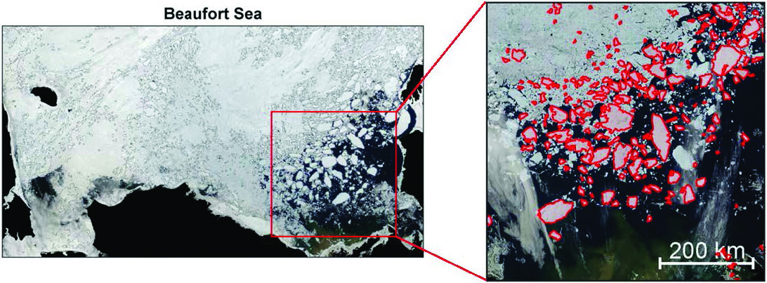 &lt;strong&gt;Figure 1.&lt;/strong&gt; A true-color image of sea ice in the Beaufort Sea from the Moderate Resolution Imaging Spectroradiometer. The image is oriented 90 degrees from standard polar stereographic coordinates so that the top is roughly north. The red box outlines the observed marginal ice zone (MIZ), and the inset on the right provides a close-up view of the MIZ on June 26, 2008; individual sea ice floes are outlined in red. Figure adapted from [1].