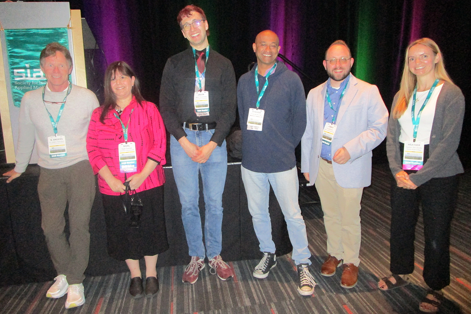 During a panel session about career opportunities in academia, industry, and the national laboratories at the Third Joint SIAM/CAIMS Annual Meetings—which took place this summer in Montréal, Québec, Canada—a group of professionals at various stages of their careers reflected on their own trajectories and shared advice with the audience. From left to right: Anders Petersson of Lawrence Livermore National Laboratory, Sigal Gottlieb of the University of Massachusetts Dartmouth, moderator Jason Torchinsky of Sandia National Laboratories, Dhavide Aruliah of MKDA Consulting, Jonas Actor of Sandia National Laboratories, and Heather Zinn Brooks of Harvey Mudd College. SIAM photo.