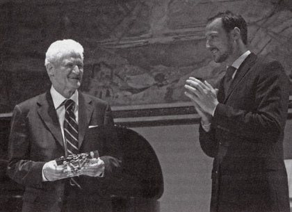 In 2005, for “contributions to the theory and application of partial differential equations and to the computation of their solutions,” Peter Lax received the Abel Prize. He is shown here in Oslo, with Norwegian H.R.H. Crown Prince Haakon, who presented the prize. From <em>Peter Lax, Mathematician,</em> courtesy of the Norwegian Academy of Science and Letters.