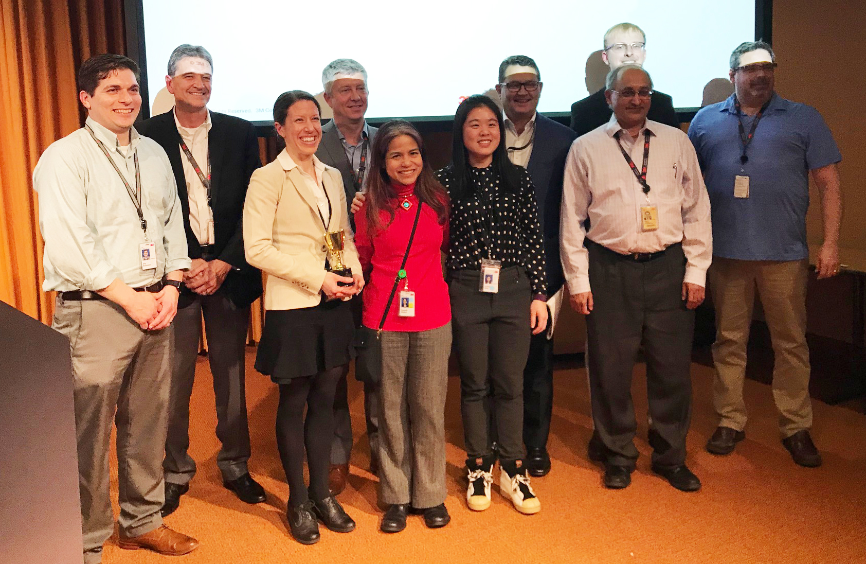 Catherine Micek (third from left) poses with her hackathon team, K-Means Business, during the final presentations of 3M’s Data Intelligence Global Hackathon, which took place in April 2019. The team won third prize. Image courtesy of Mani Upadhyaya.