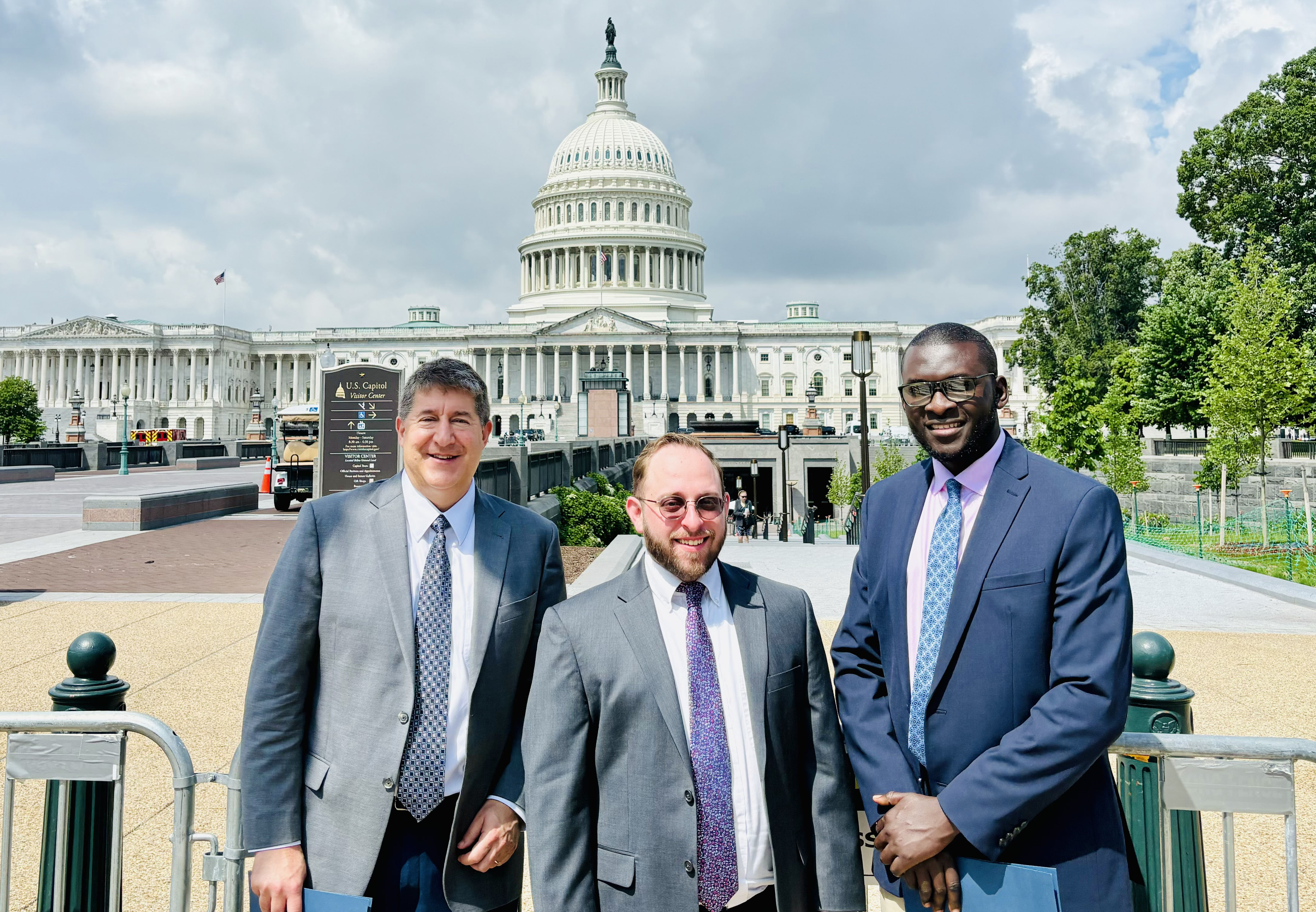 From left to right: Andrew Salinger of Sandia National Laboratories (member of the SIAM Committee on Science Policy), Jonas Albert Actor of Sandia National Laboratories (2024 SIAM Science Policy Fellow), and Bashir Mohammed of Intel (2023 SIAM Science Policy Fellow) gather in Washington, D.C., for the spring 2024 meeting of the SIAM Committee on Science Policy. Photo courtesy of Bashir Mohammed.