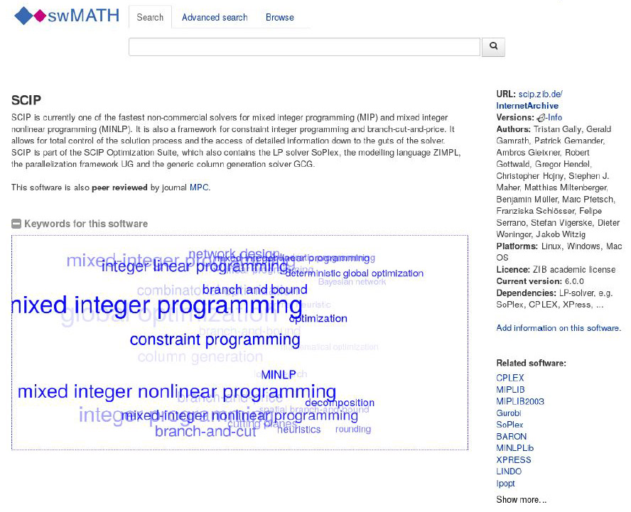 &lt;strong&gt;Figure 1.&lt;/strong&gt; swMATH aims to provide a broad overview of existing mathematical software. For instance, a search for “integer programming” produces a list of software that includes SCIP, Gurobi, and CPLEX.