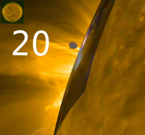 <strong>Figure 4.</strong> A 3D reconstruction of the solar flare seen by STIX and XRT on May 7, 2021 created in JHelioviewer. The blob in the upper middle of the image is the X-ray-emitting area of plasma that was visualized in 3D. Figure courtesy of Daniel Ryan.