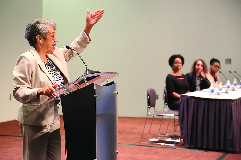 Christine Darden (formerly of NASA) addresses a packed room during the “Hidden Figures” panel at the 2017 SIAM Annual Meeting, which took place in Pittsburgh, Pa., this July. Other speakers included (from left to right) Erica Graham, Talitha Washington, and Shelby Wilson. SIAM photo.