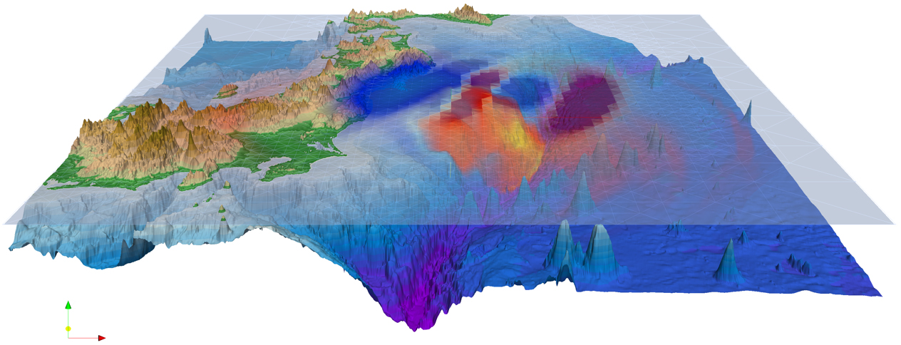 <strong>Figure 1.</strong> Complex rupture-tsunami simulation: earthquake generated non-uniform uplift (red-yellow color map) and sea surface displacement (blue-purple color map).
