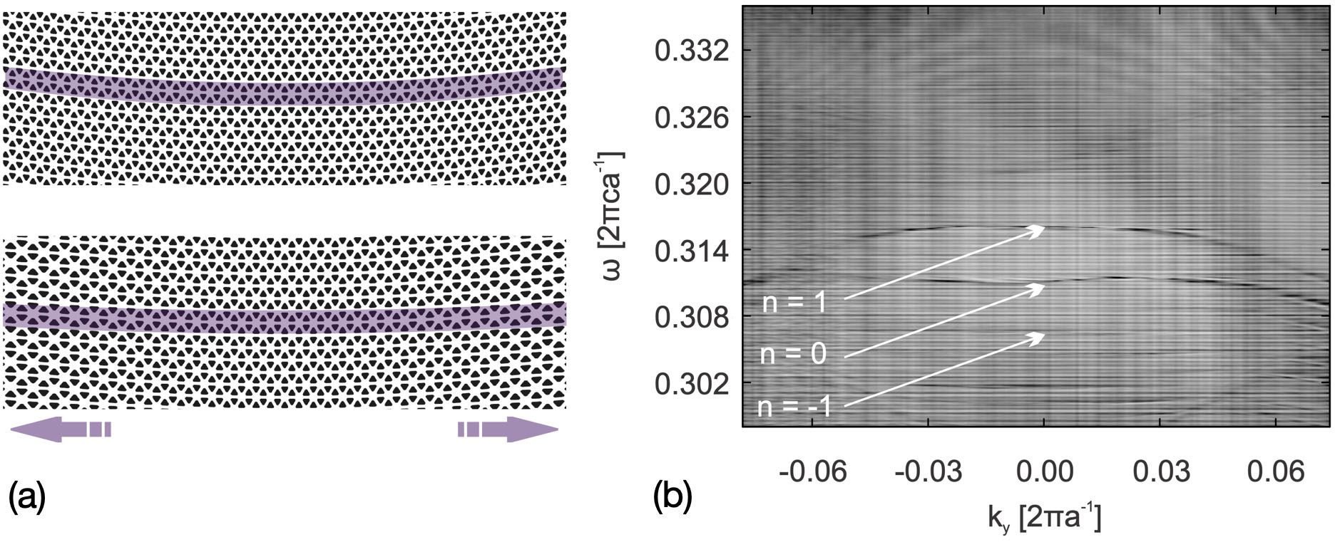 &lt;strong&gt;Figure 3.&lt;/strong&gt; Additional strain flattens the Landau level bands. &lt;strong&gt;3a.&lt;/strong&gt; Lattice distortion due to the strain. &lt;strong&gt;3b.&lt;/strong&gt; Photonic spectra that show flat Landau levels, in contrast to the dispersive levels in Figure 2d. Figure courtesy of [2].