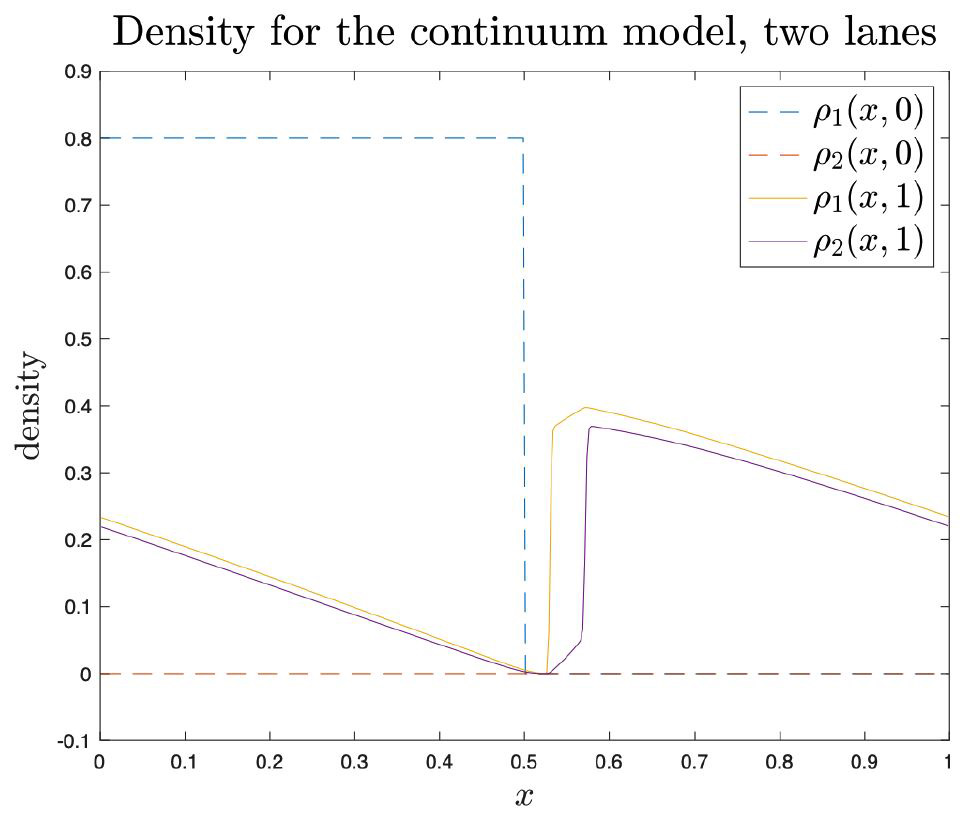 <strong>Figure 3.</strong> Simulation that uses model (4) in the situation that corresponds to that in Figure 2. Here we utilize \(\rho_1(x,0)=0.8\) for \(x\le 1/2\)—and zero otherwise—and \(\rho_1(x,0)=0\). Furthermore, \(v_1=v_2=1-\rho\) and \(K=1\). Figure courtesy of the authors.