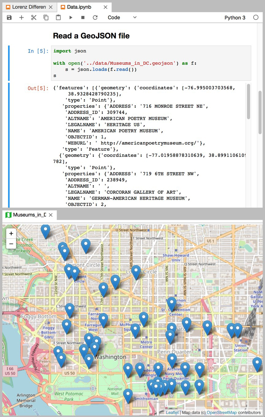 <strong>Figure 2.</strong> View of a notebook and GeoJSON file in JupyterLab.