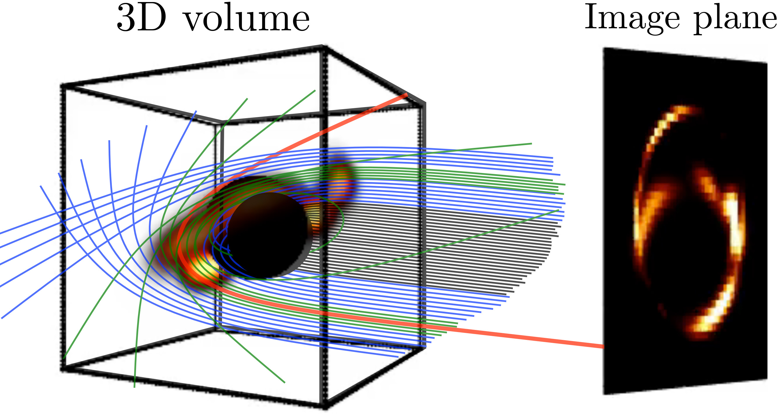 &lt;strong&gt;Figure 4.&lt;/strong&gt; Each image pixel “collects” light along a path. This path is bent by the strong gravitational field — a phenomenon known as gravitational lensing. By leveraging a model for the distorted projection of the three-dimensional volume, we seek to computationally “step out of the two-dimensional image plane.” Figure courtesy of Aviad Levis.