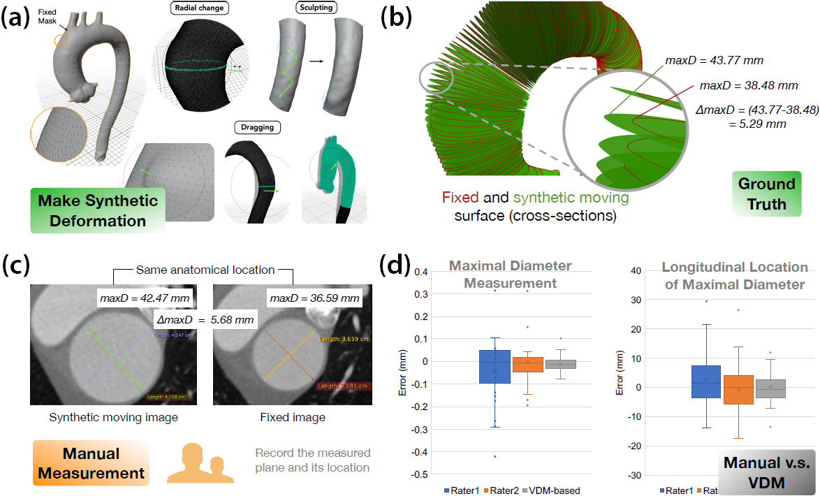 &lt;strong&gt;Figure 2.&lt;/strong&gt; Validation of three-dimensional vascular deformation mapping (VDM) growth measurements using synthetic phantoms. &lt;strong&gt;2a.&lt;/strong&gt; We manually created deformations on three-dimensional meshes using three techniques: radial change, sculpting, and dragging. &lt;strong&gt;2b.&lt;/strong&gt; We obtained ground-truth maximal diameter change \(\Delta \textrm{max}D\) and its location on the centerline. &lt;strong&gt;2c.&lt;/strong&gt; Two human raters manually measured the maximal diameter change and recorded its location on the centerline. &lt;strong&gt;2d.&lt;/strong&gt; We compared VDM-based measurements with manual measurements from the two expert raters. The results indicate that the VDM-based measurements have significantly less variability (i.e., are more precise) than those of the two manual raters. VDM was also considerably more accurate in localizing the area of maximal diameter change. Adapted from [1].