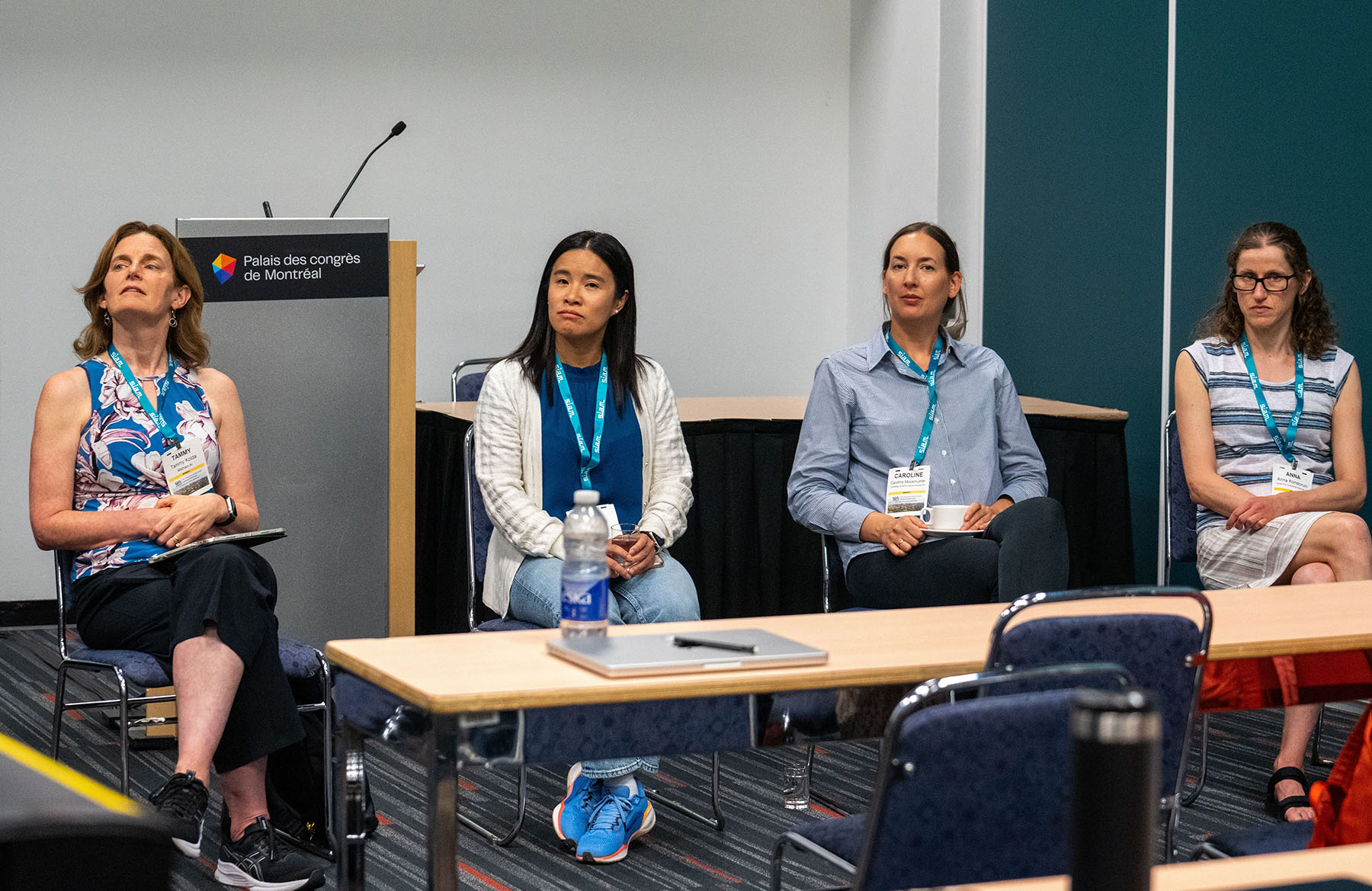 At the Third Joint SIAM/CAIMS Annual Meetings—which took place this summer in Montréal, Québec, Canada—the Association for Women in Mathematics hosted a panel session that focused on the challenges and opportunities of careers in data science. From left to right: panelists Tammy Kolda of MathSci.ai, Yifei Lou and Caroline Moosmueller of the University of North Carolina at Chapel Hill, and Anna Konstorum of the Institute for Defense Analyses. SIAM photo.
