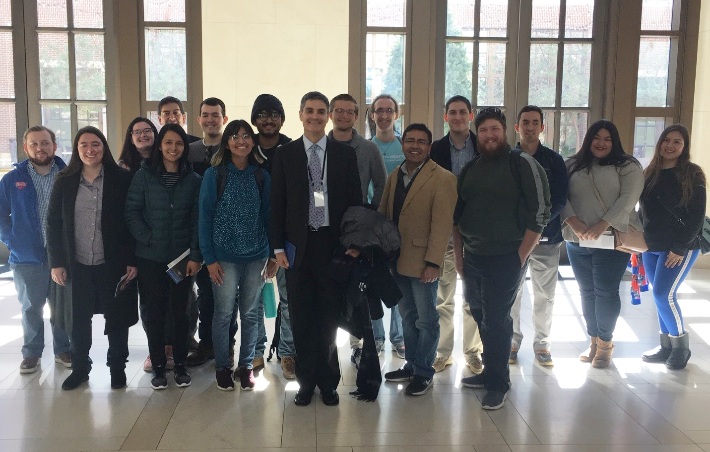 Undergraduate attendees of the SIAM Texas-Louisiana Section&#x27;s annual meeting pose at the George W. Bush Presidential Library.