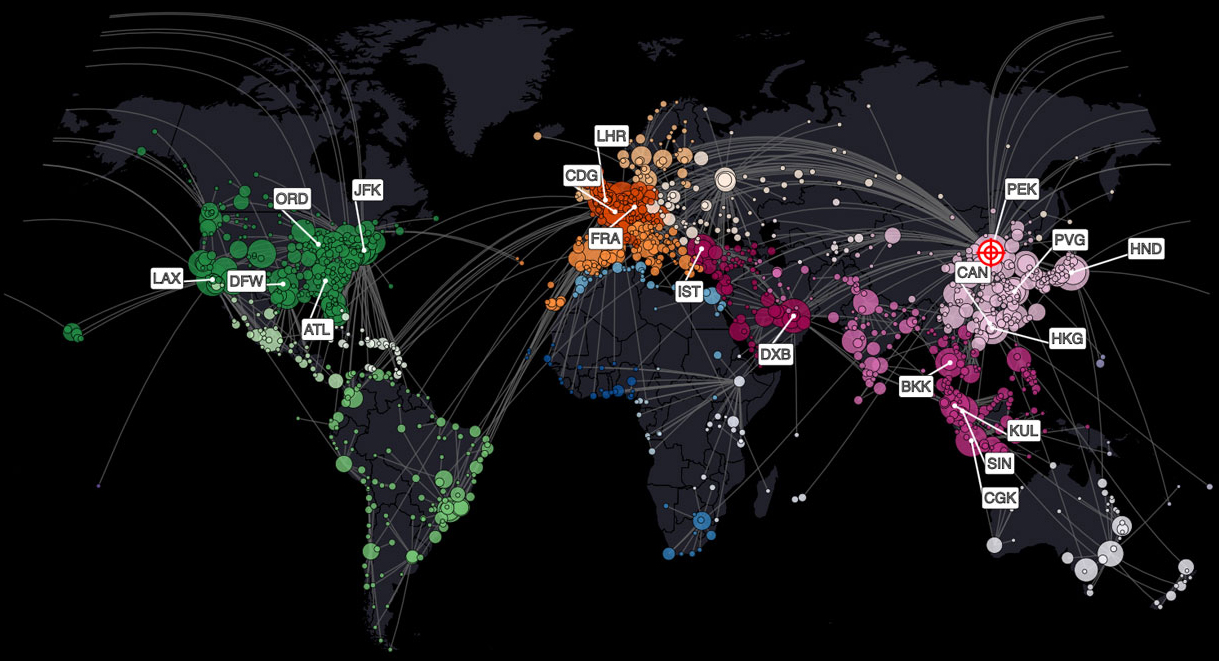 &lt;strong&gt;Figure 1.&lt;/strong&gt; Most likely transmission routes of COVID-19 cases originating in Beijing, China, as predicted in February 2020. Figure courtesy of Dirk Brockmann and [1].