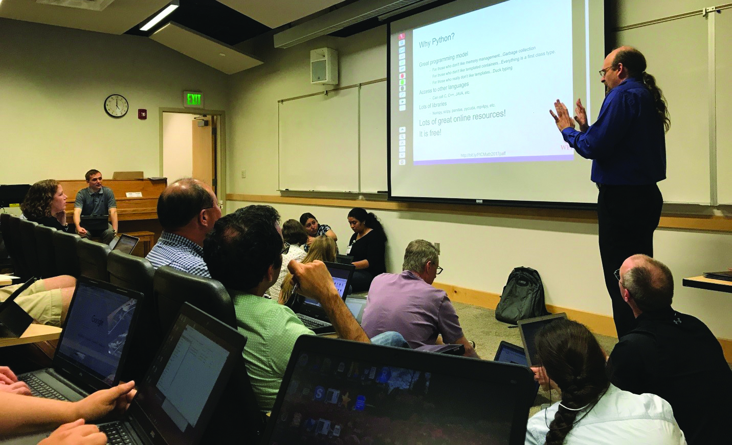 Participants at the PIC Math Workshop on Data Analytics, held this May at Brigham Young University, listen to Randy Paffenroth introduce the Python programming language and its machine learning packages. Photo courtesy of Mikayla Sweet of the Mathematical Association of America.