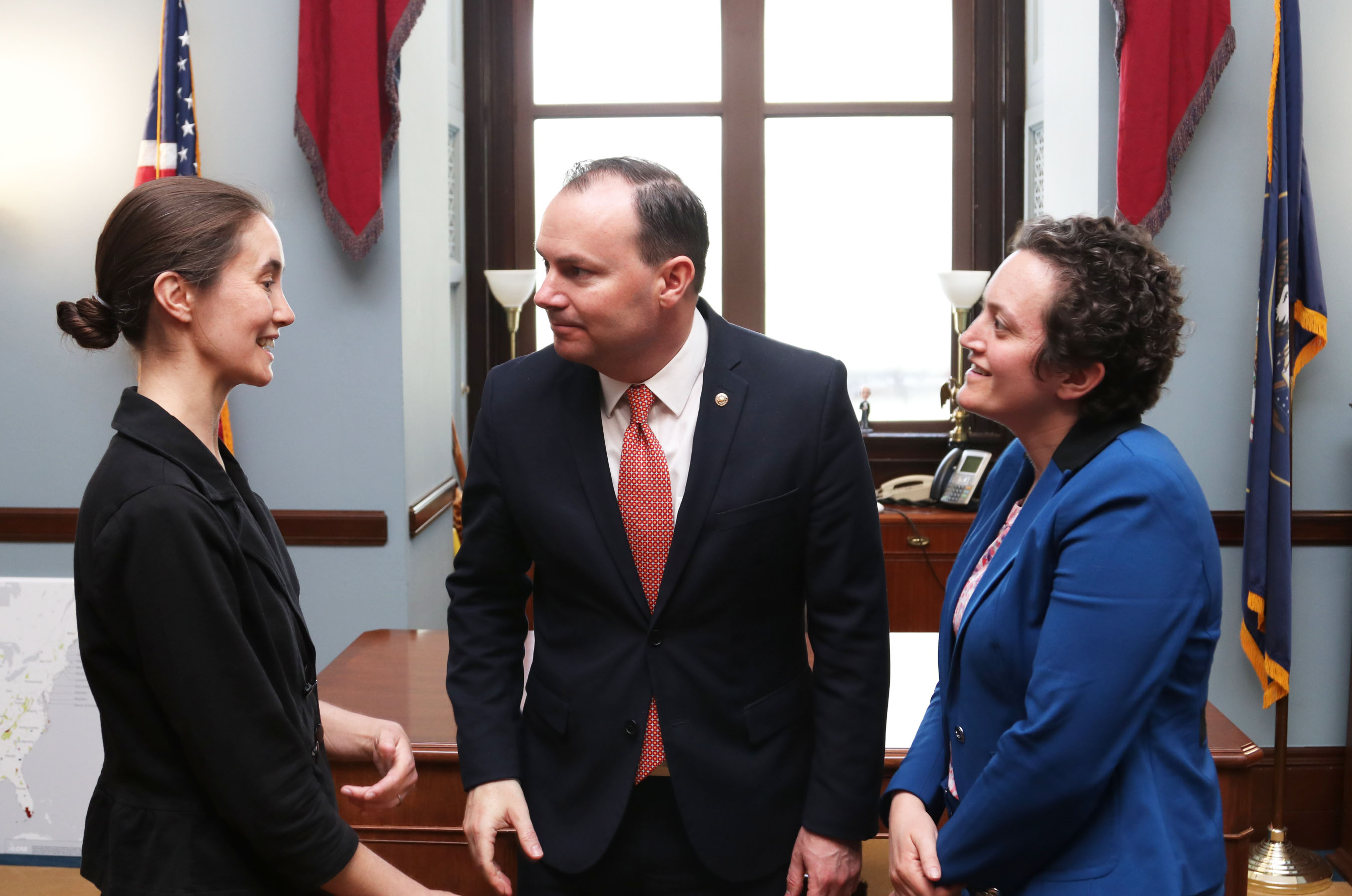 Emily Evans (left) speaks with Senator Mike Lee (R-UT) and Miriam Quintal (right) of Lewis-Burke Associates during a constituent meet-and-greet, which took place in May 2018 in Washington, D.C. Photo courtesy of Senator Lee staff.