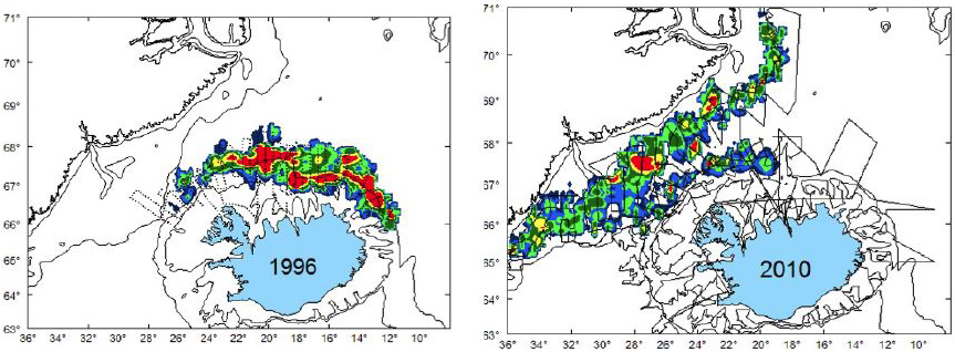 &lt;strong&gt;Figure 2.&lt;/strong&gt; Comparison of capelin distribution between fall of 1996 and fall of 2010, based on acoustic measurements. The location of the schools’ distribution has moved towards Greenland. Figure courtesy of [2].