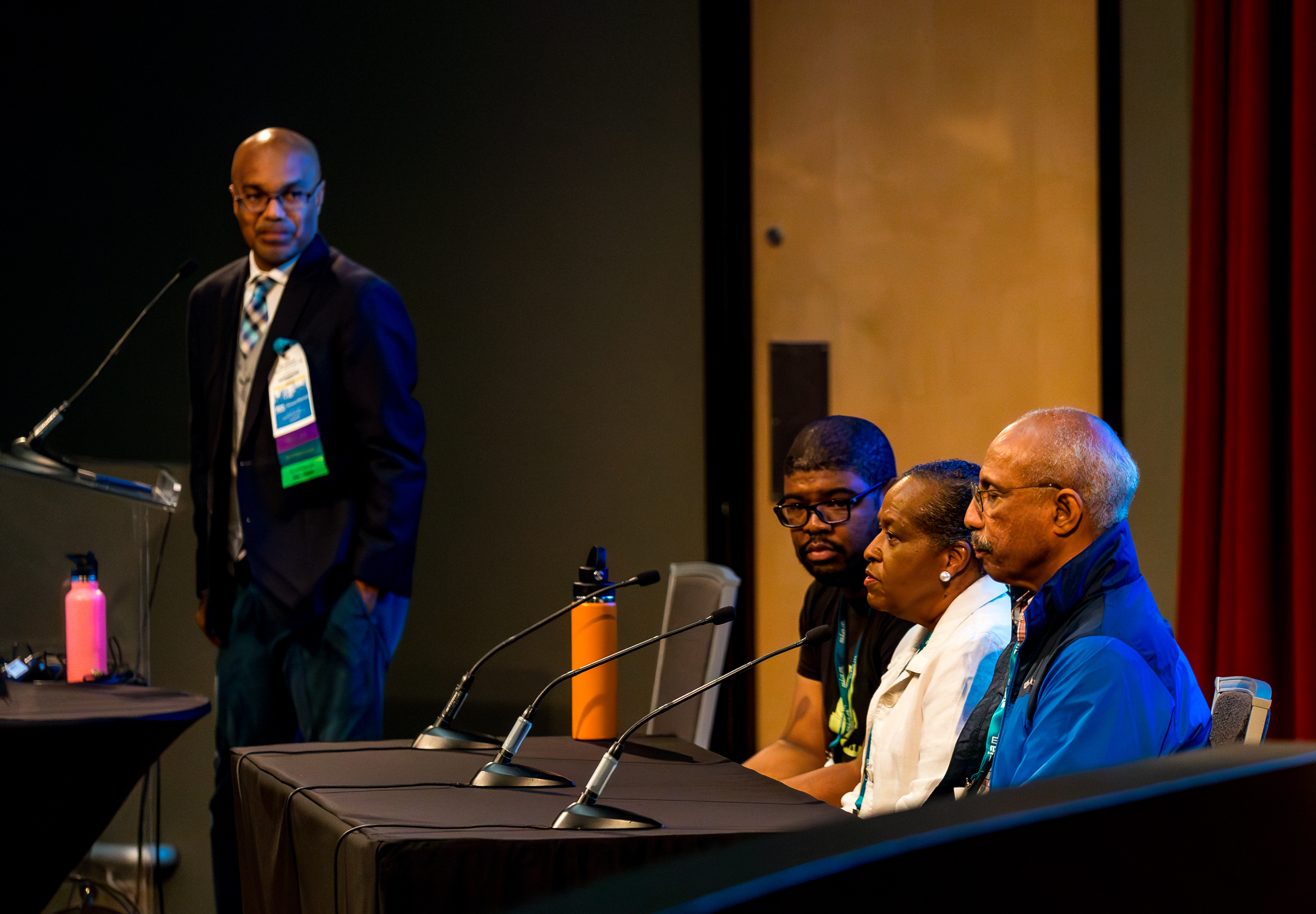 From left to right: Ron Buckmire (Marist College), Reginald McGee (Haverford College), Bonita Saunders (National Institute of Standards and Technology), and Nathaniel Whitaker (University of Massachusetts Amherst) discuss notable themes of the documentary &lt;em&gt;Journeys of Black Mathematicians: Forging Resilience&lt;/em&gt; during a session at the 2024 SIAM Annual Meeting, which was held in Spokane, Wash., this July. SIAM photo.