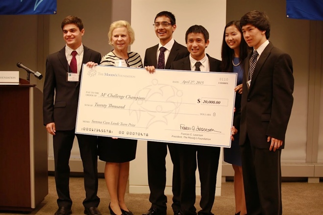 Members of the first-place NCSSM team with Moody’s Foundation president Frances Laserson. From left, Guy Blanc, Laserson, Sandeep Silwal, Michael An, Jenny Wang, and Evan Liang.