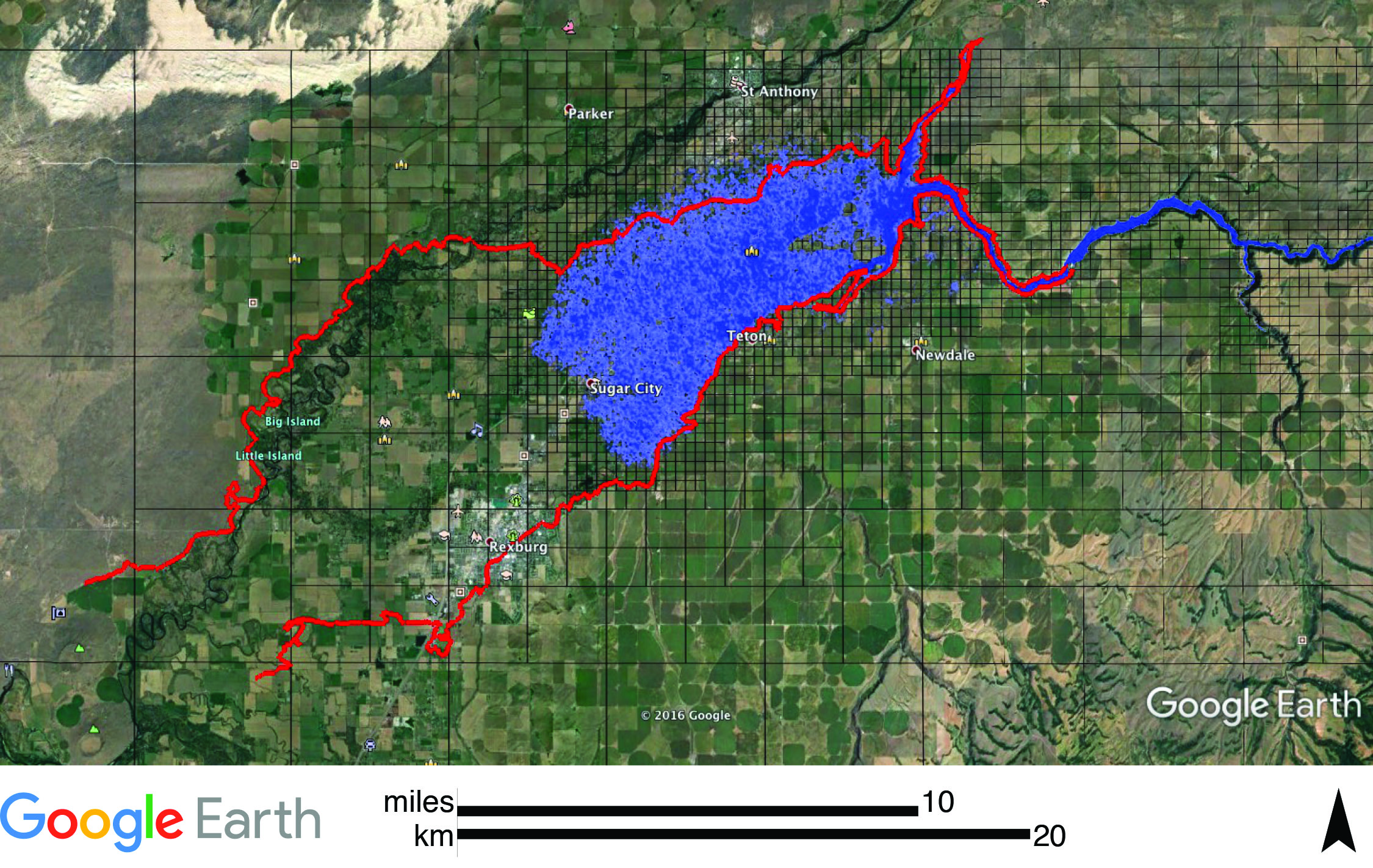 &lt;strong&gt;Figure 2.&lt;/strong&gt; Simulation of flooding resulting from the 1976 Teton Dam failure in eastern Idaho, done using ForestClaw, a parallel adaptive quadtree code for patch-based adaptive mesh refinement. The flood waters reached Sugar City (shown on figure) with a 15 foot wall of water inundating the city. The thicker red line is a digitized flood boundary, taken from historical records, and shows good agreement between the ForestClaw results and the historical record. The simulated flood arrival times (not shown) at Sugar City, Rexburg, and beyond also show excellent agreement with historical data. © Google, Digital Globe. Image credit: Donna Calhoun.